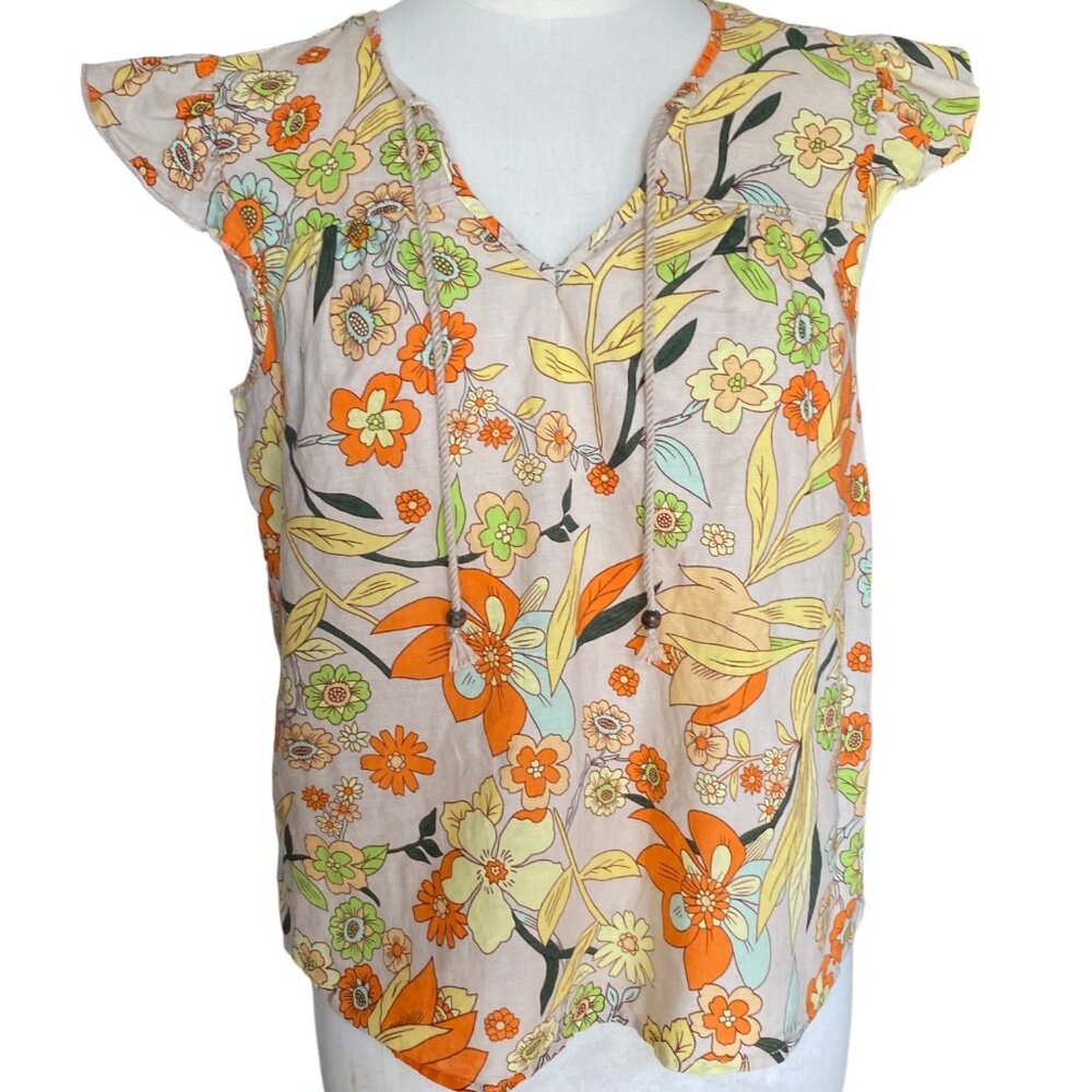 Hester & Orchard Linen Blend Cottagecore Shirt Floral Retro Boho Tassel Tie-M - Picture 11 of 11